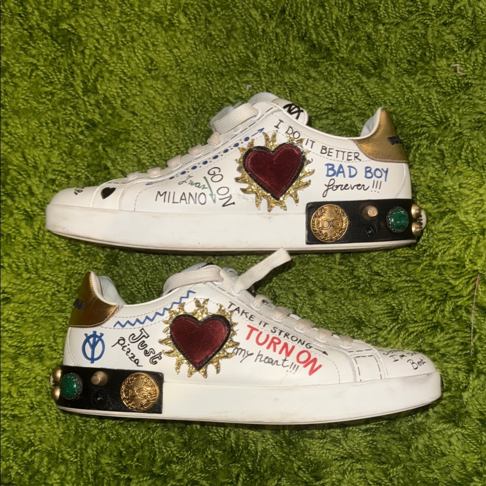 Dolce & Gabbana White and Gold Sneakers with Black Details